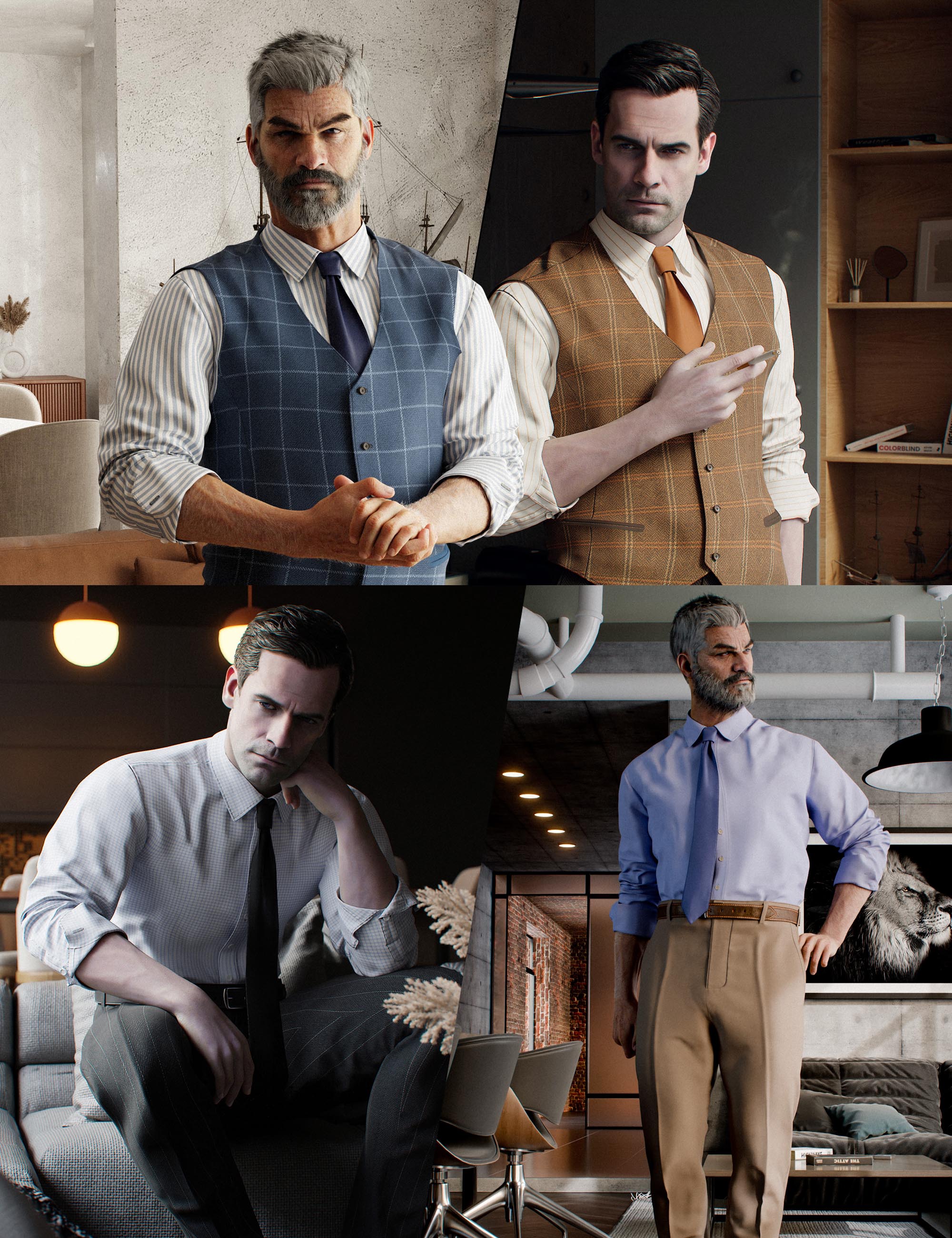 Four promotional renders of the G9 Male Waistcoat Ensemble showing two character types in four outfit variations: blue windowpane waistcoat with striped shirt, tan plaid waistcoat with orange tie, light gray check shirt with black tie, and lavender dress shirt with khaki trousers