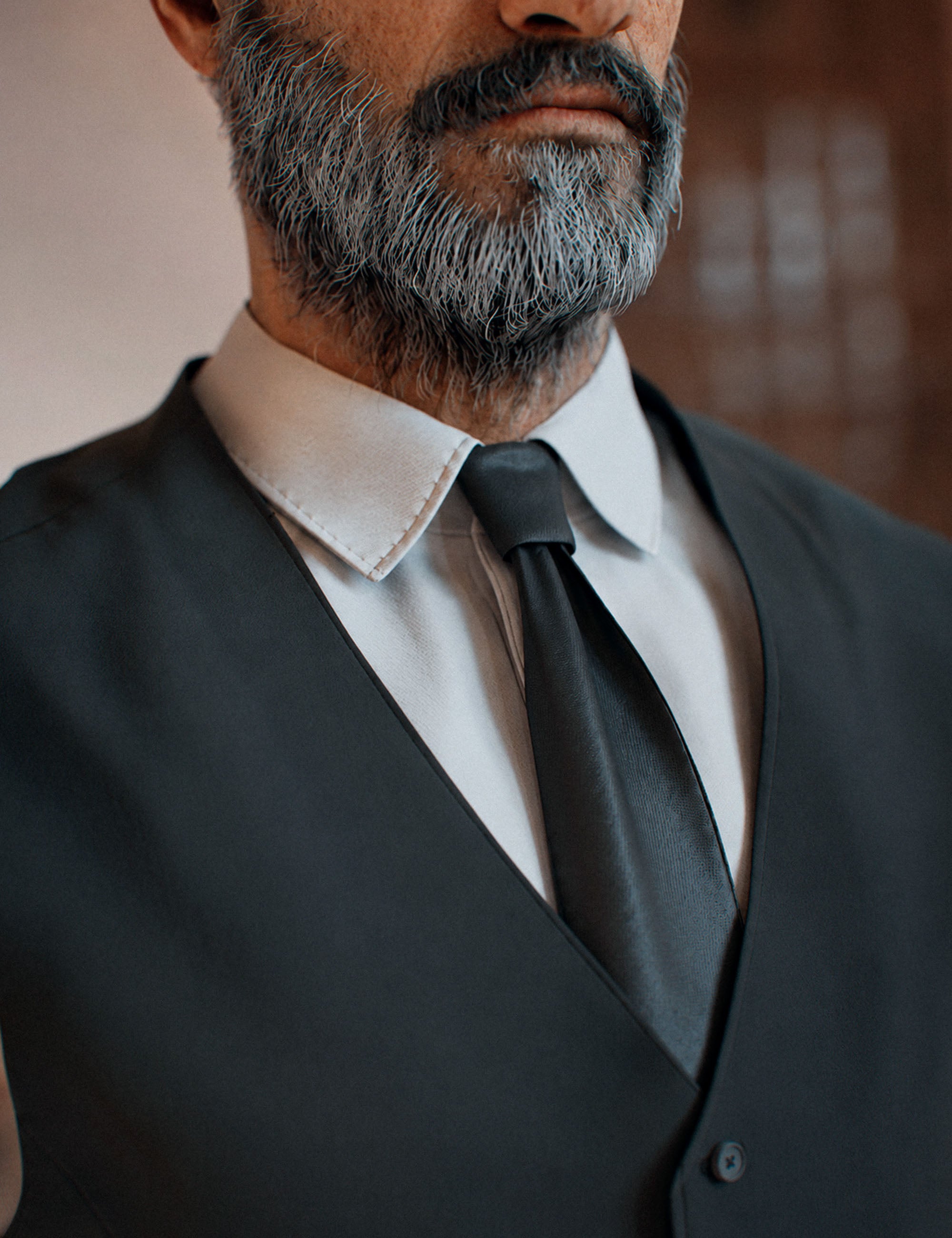 Close-up detail of a DAZ Studio Genesis 9 Male character wearing a dark charcoal waistcoat with a crisp white dress shirt and black satin tie, showcasing realistic fabric texture and salt-and-pepper beard rendering.
