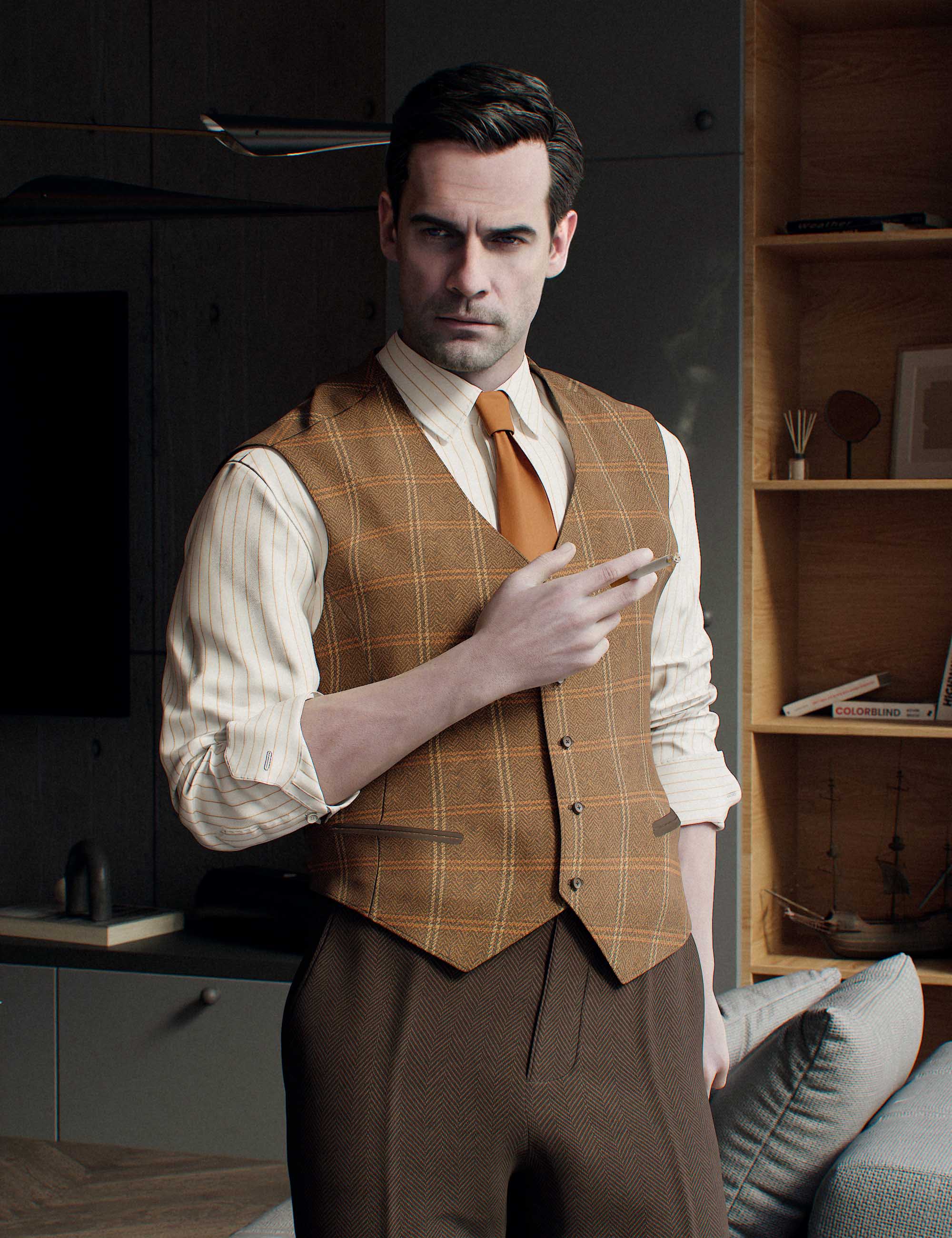 DAZ Studio Genesis 9 Male character in a tan herringbone plaid waistcoat over a cream pinstripe shirt with a burnt orange tie and dark brown herringbone trousers, posed in a moody modern interior setting.