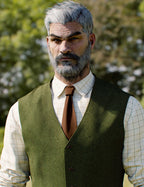 Close-up portrait render of an older Genesis 9 Male character with white hair and rugged beard wearing a dark olive green herringbone waistcoat over a cream windowpane check shirt with a brown tie, photographed against an outdoor greenery background.