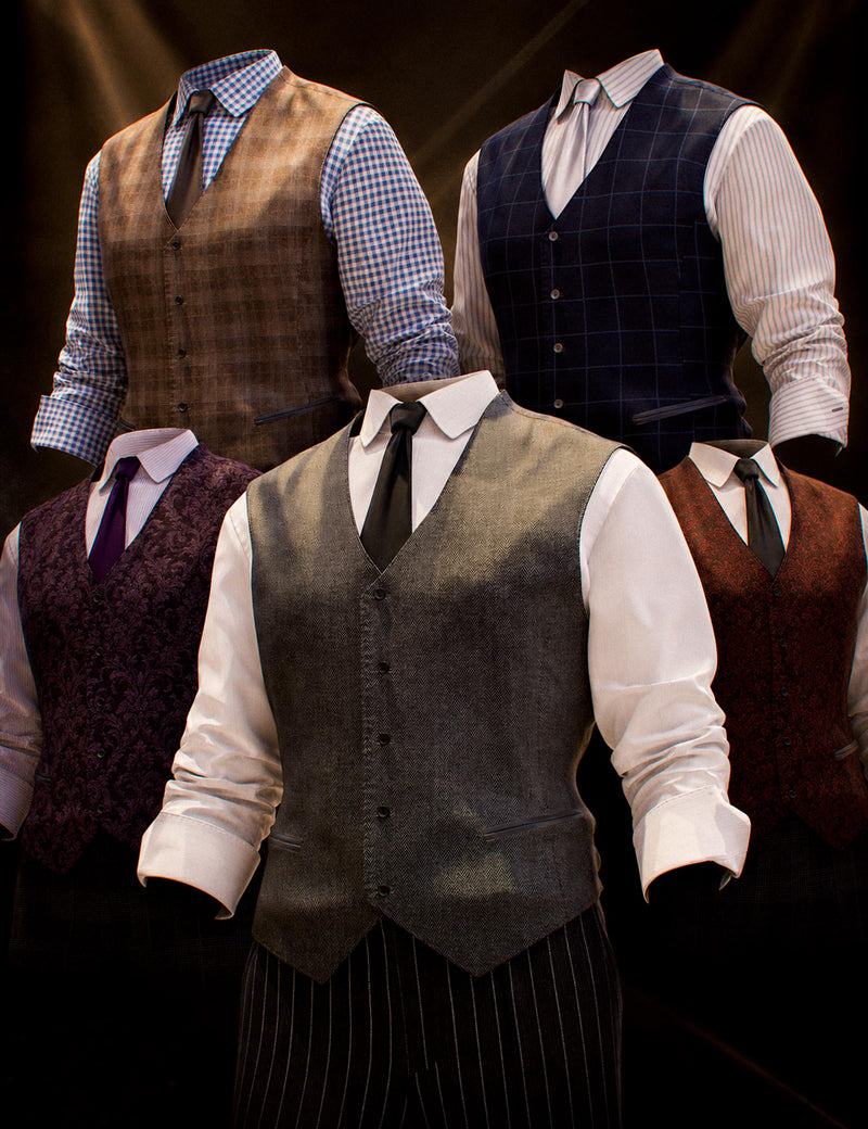 Dramatic dark-background composite render displaying five addon waistcoat material variations for the G9 Male Waistcoat Ensemble: brown suede with gingham shirt, navy windowpane, gray herringbone with black tie, burgundy damask, and rust-brown suede.