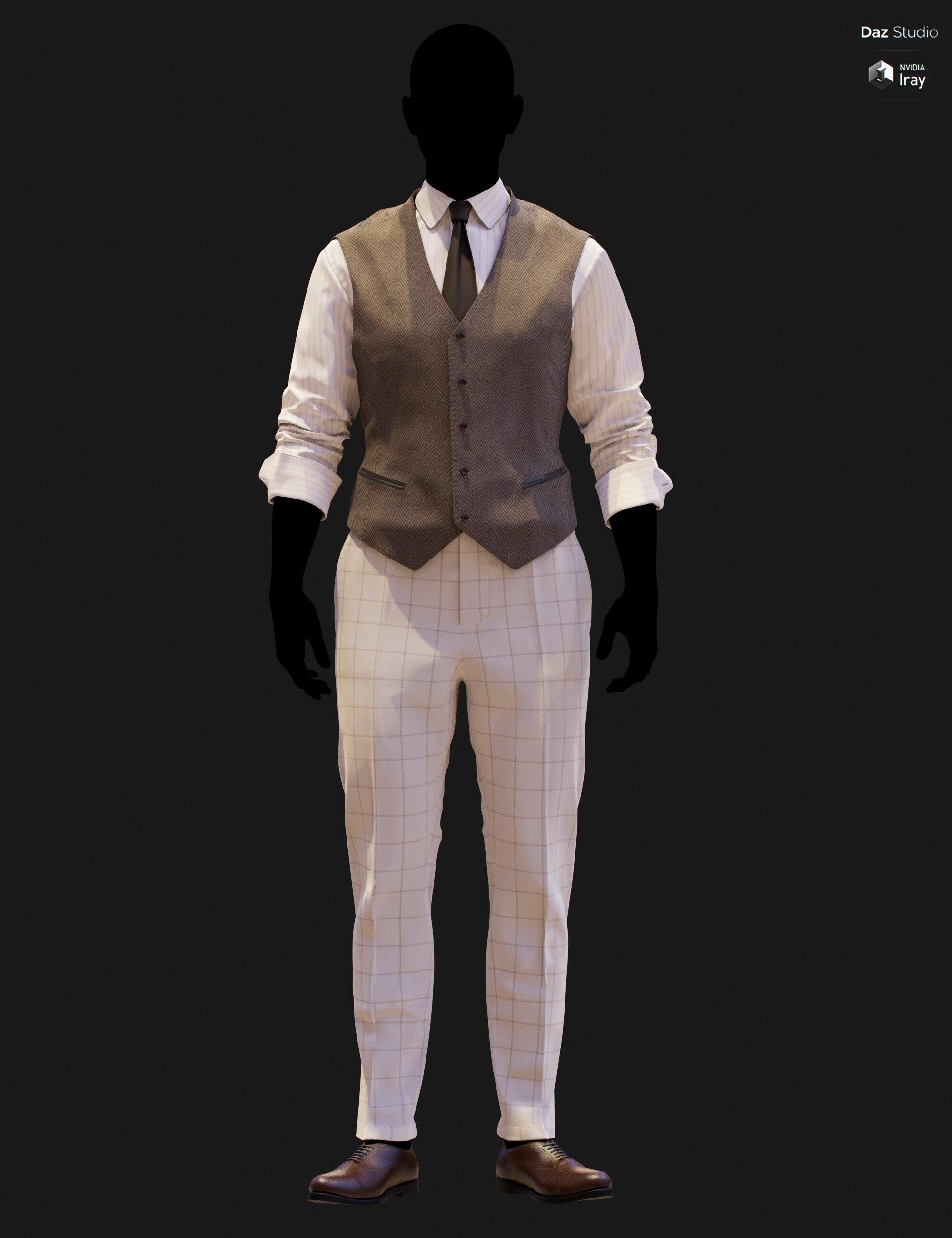 Full-body DAZ Studio Iray render of a tan herringbone waistcoat with charcoal tie and white pinstripe shirt, paired with cream windowpane check trousers and brown oxford shoes on a silhouetted G9 mannequin.