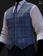 Close-up DAZ Studio Iray render of a blue windowpane waistcoat with six-button front closure and navy leather-trim welt pocket, worn over a bold blue-and-white striped shirt with a navy tie and dark pinstripe trousers.