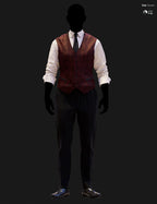 Full-body DAZ Studio Iray render of a deep burgundy damask-patterned waistcoat with black tie, white dress shirt, and dark navy pinstripe trousers with black oxford shoes on a silhouetted G9 mannequin.