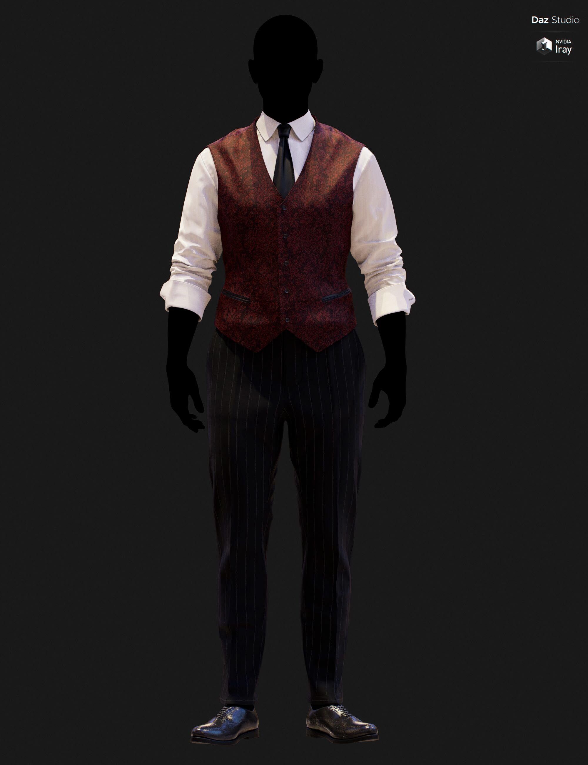 Full-body DAZ Studio Iray render of a deep burgundy damask-patterned waistcoat with black tie, white dress shirt, and dark navy pinstripe trousers with black oxford shoes on a silhouetted G9 mannequin.