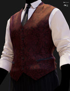 Close-up DAZ Studio Iray render highlighting the intricate dark red baroque damask texture of the waistcoat with seven-button front and leather-trim welt pocket, paired with a white shirt and black tie.