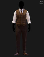 Full-body DAZ Studio Iray render of a warm brown windowpane tweed waistcoat with rust tie and white pinstripe shirt, paired with dark chocolate herringbone trousers and brown oxford shoes on a silhouetted G9 mannequin.