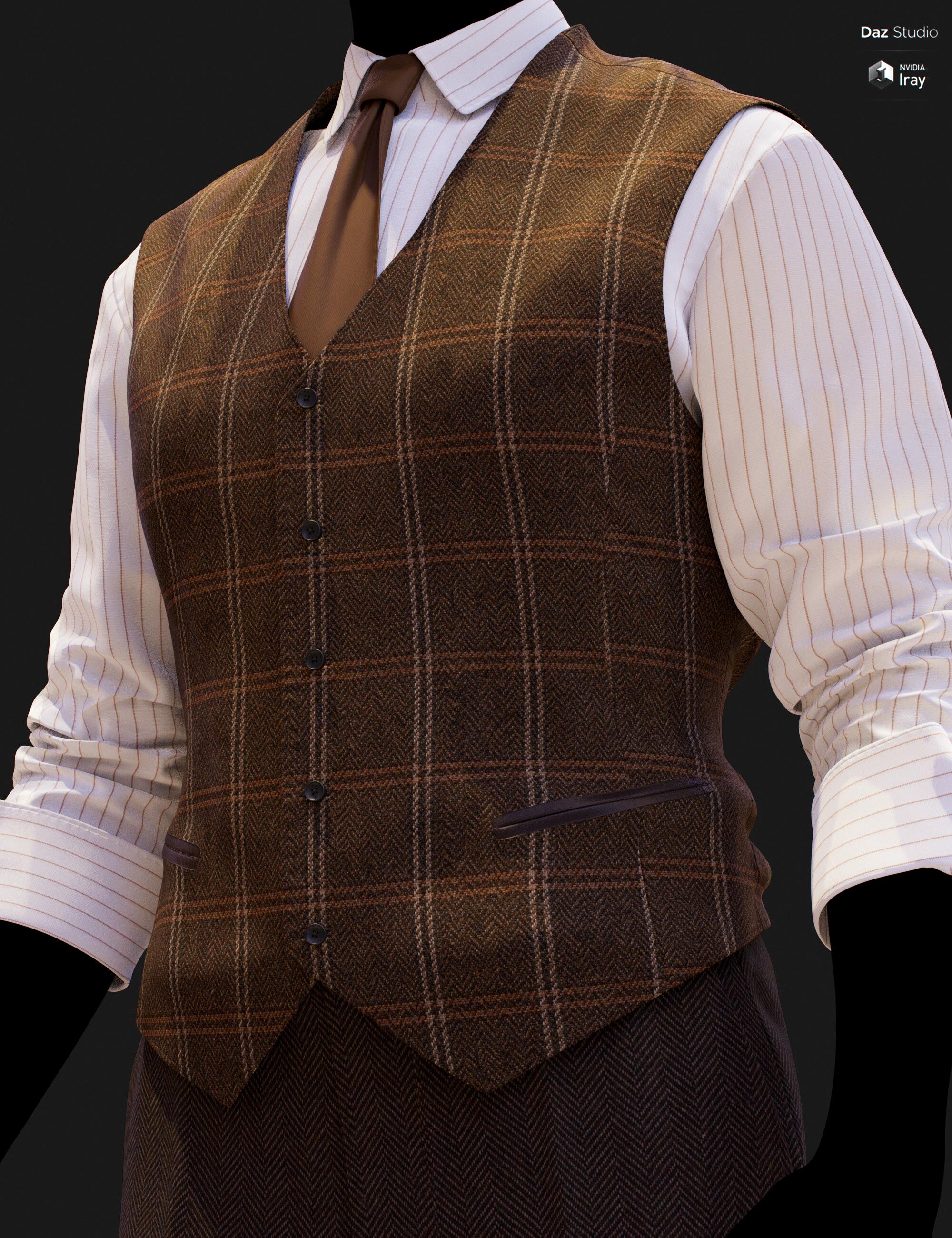 Close-up DAZ Studio Iray render of a rich brown herringbone windowpane tweed waistcoat with seven-button front and dark leather welt pocket trim, worn over a white pinstripe shirt with a warm brown tie.