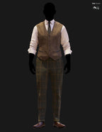 Full-body DAZ Studio Iray render of a brown herringbone waistcoat with charcoal tie and white windowpane check shirt, paired with olive green windowpane tweed trousers and brown oxford shoes on a silhouetted G9 mannequin.