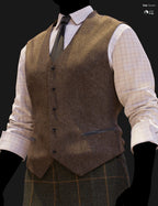 Close-up DAZ Studio Iray render of a warm tan herringbone waistcoat with dark brown button detailing and leather-trim welt pocket, worn over a cream pinstripe shirt with a brown tie, above cream windowpane check trousers