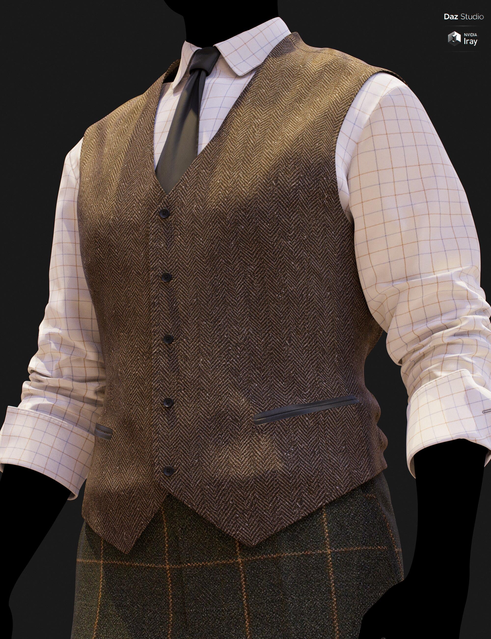 Close-up DAZ Studio Iray render of a warm tan herringbone waistcoat with dark brown button detailing and leather-trim welt pocket, worn over a cream pinstripe shirt with a brown tie, above cream windowpane check trousers