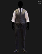 Full-body DAZ Studio Iray render of the G9 Male Waistcoat Ensemble Addon on a silhouetted mannequin, featuring a gray herringbone waistcoat with black tie, white dress shirt, and dark navy pinstripe trousers with black oxford shoes.