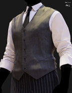 Close-up DAZ Studio Iray render showcasing the gray-green gradient herringbone waistcoat texture with seven-button front closure and welt pocket detail, paired with a white shirt, black tie, and dark pinstripe trousers.