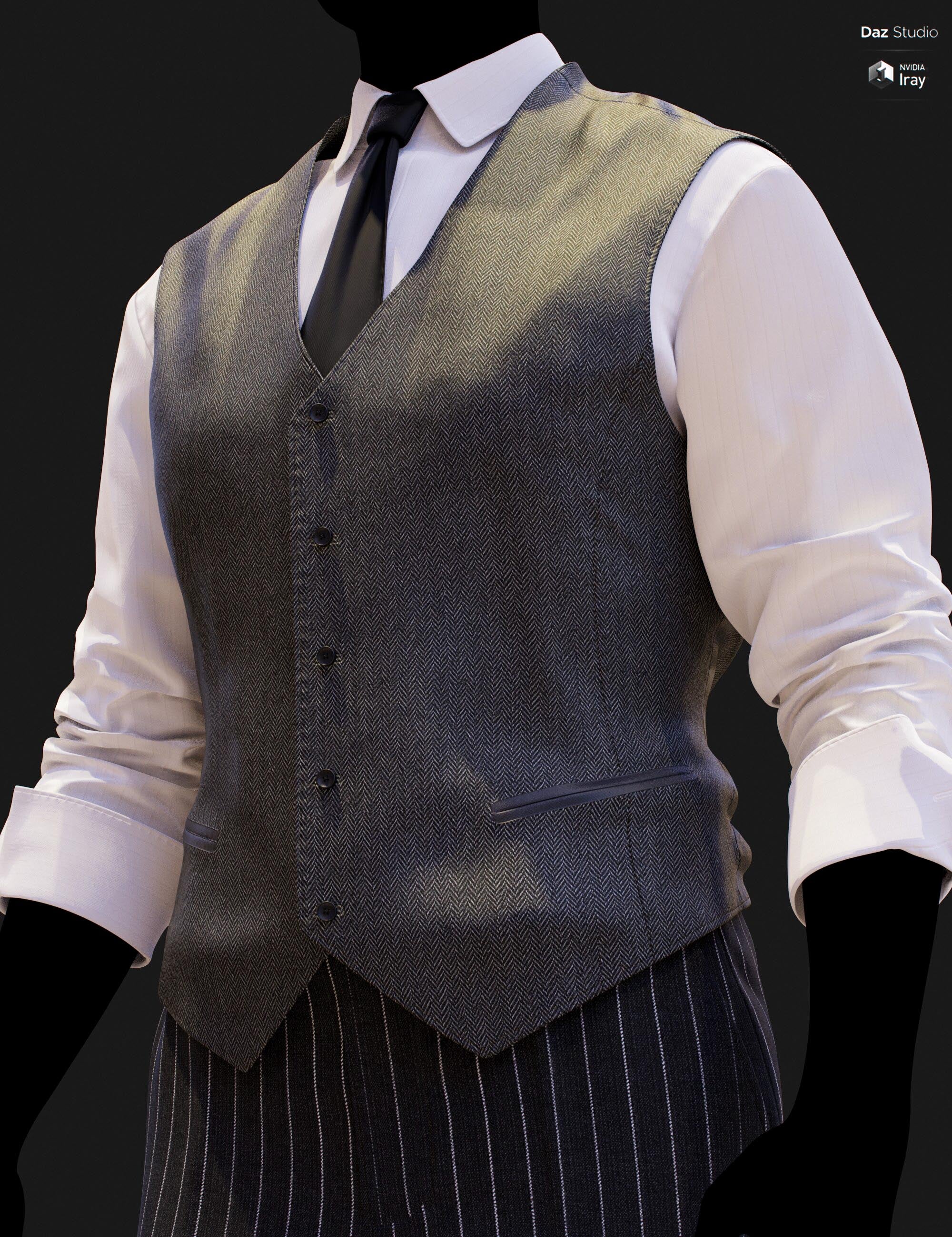 Close-up DAZ Studio Iray render showcasing the gray-green gradient herringbone waistcoat texture with seven-button front closure and welt pocket detail, paired with a white shirt, black tie, and dark pinstripe trousers.