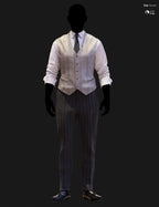 Full-body DAZ Studio Iray render of a light gray glen plaid waistcoat with charcoal tie and white micro-check shirt, paired with dark charcoal pinstripe trousers and black oxford shoes on a silhouetted G9 mannequin.