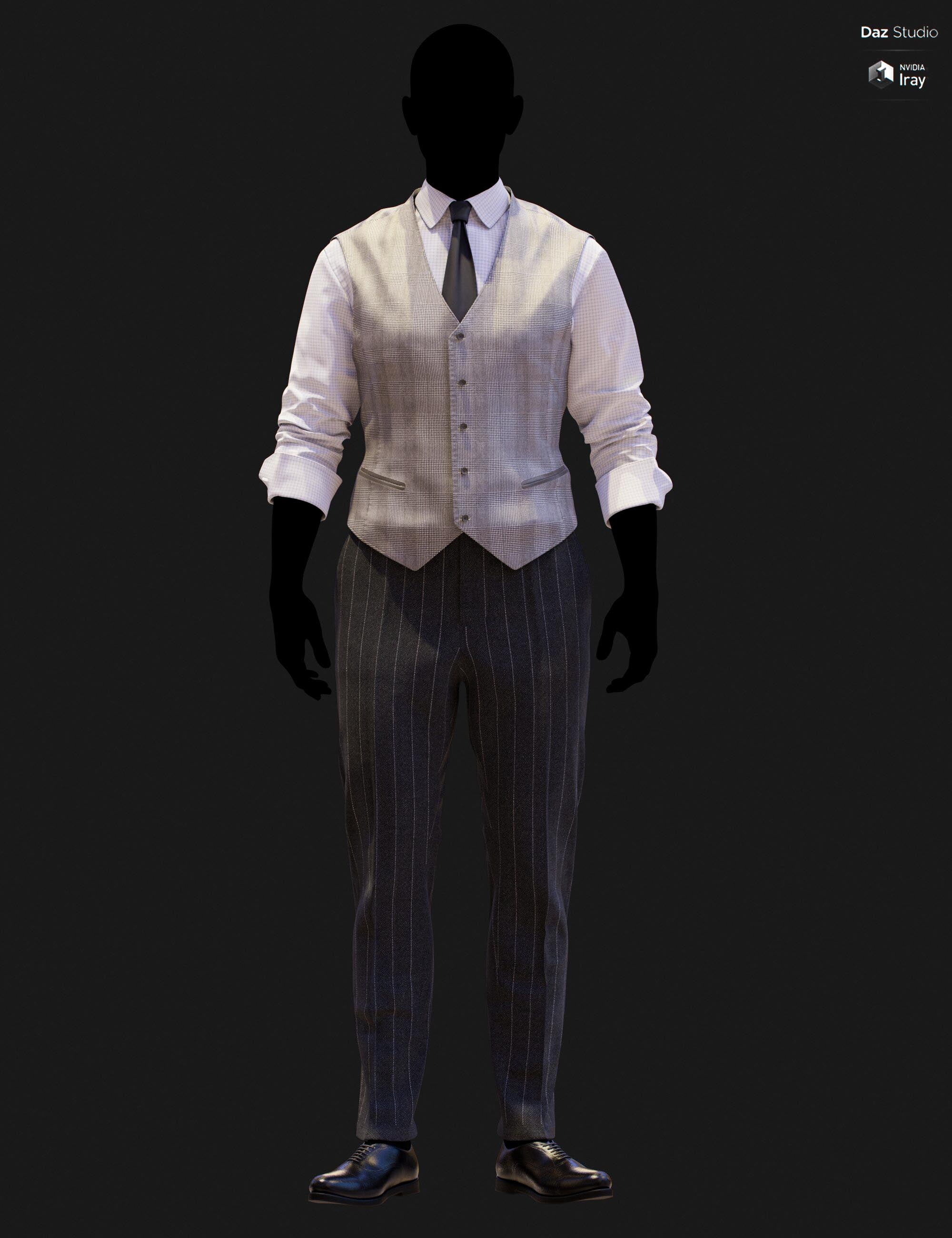 Full-body DAZ Studio Iray render of a light gray glen plaid waistcoat with charcoal tie and white micro-check shirt, paired with dark charcoal pinstripe trousers and black oxford shoes on a silhouetted G9 mannequin.