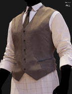 Full-body DAZ Studio Iray render of a tan herringbone waistcoat with charcoal tie and white pinstripe shirt, paired with cream windowpane check trousers and brown oxford shoes on a silhouetted G9 mannequin.