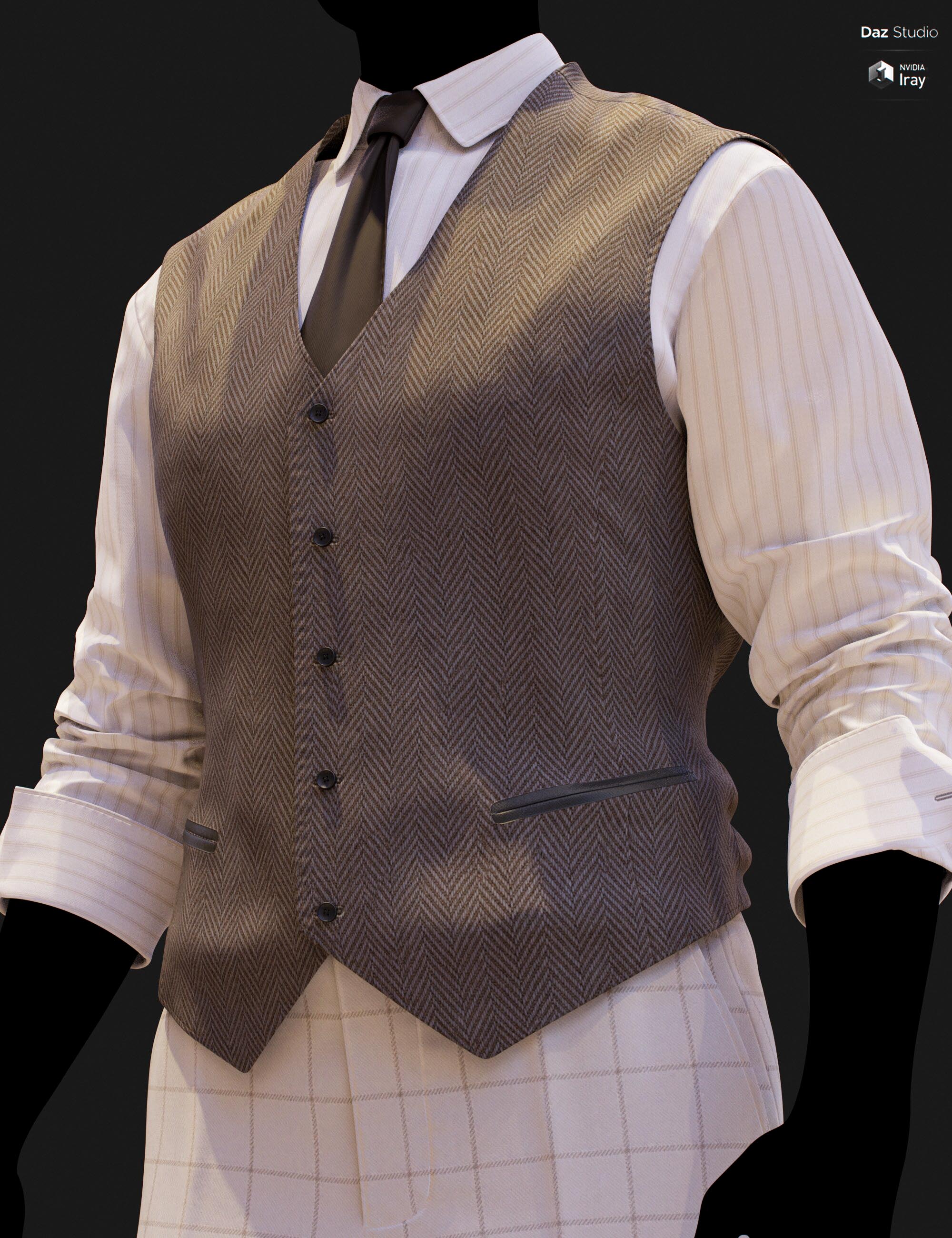 Full-body DAZ Studio Iray render of a tan herringbone waistcoat with charcoal tie and white pinstripe shirt, paired with cream windowpane check trousers and brown oxford shoes on a silhouetted G9 mannequin.