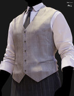 Close-up DAZ Studio Iray render of a pale gray glen plaid Prince of Wales check waistcoat with six-button front and leather-trim welt pockets, worn over a blue micro-check shirt with a dark charcoal tie and dark pinstripe trousers.