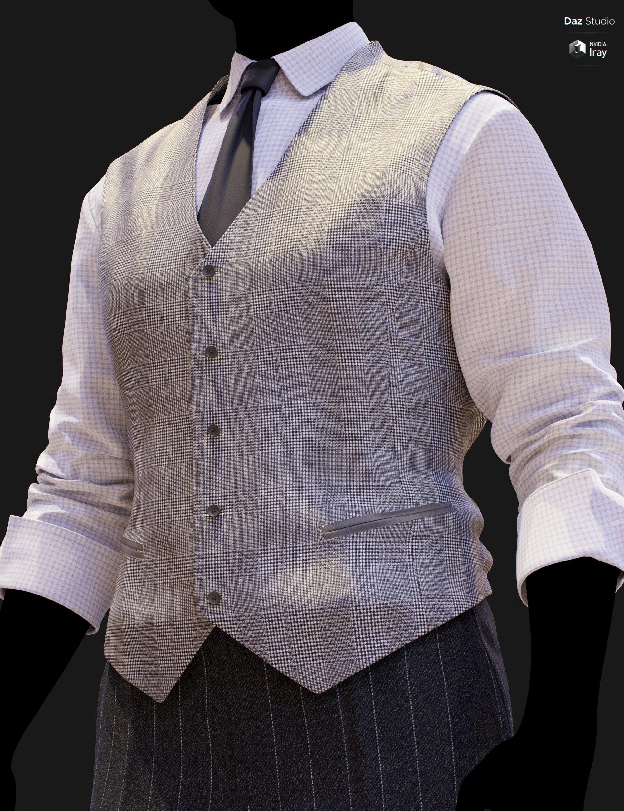 Close-up DAZ Studio Iray render of a pale gray glen plaid Prince of Wales check waistcoat with six-button front and leather-trim welt pockets, worn over a blue micro-check shirt with a dark charcoal tie and dark pinstripe trousers.