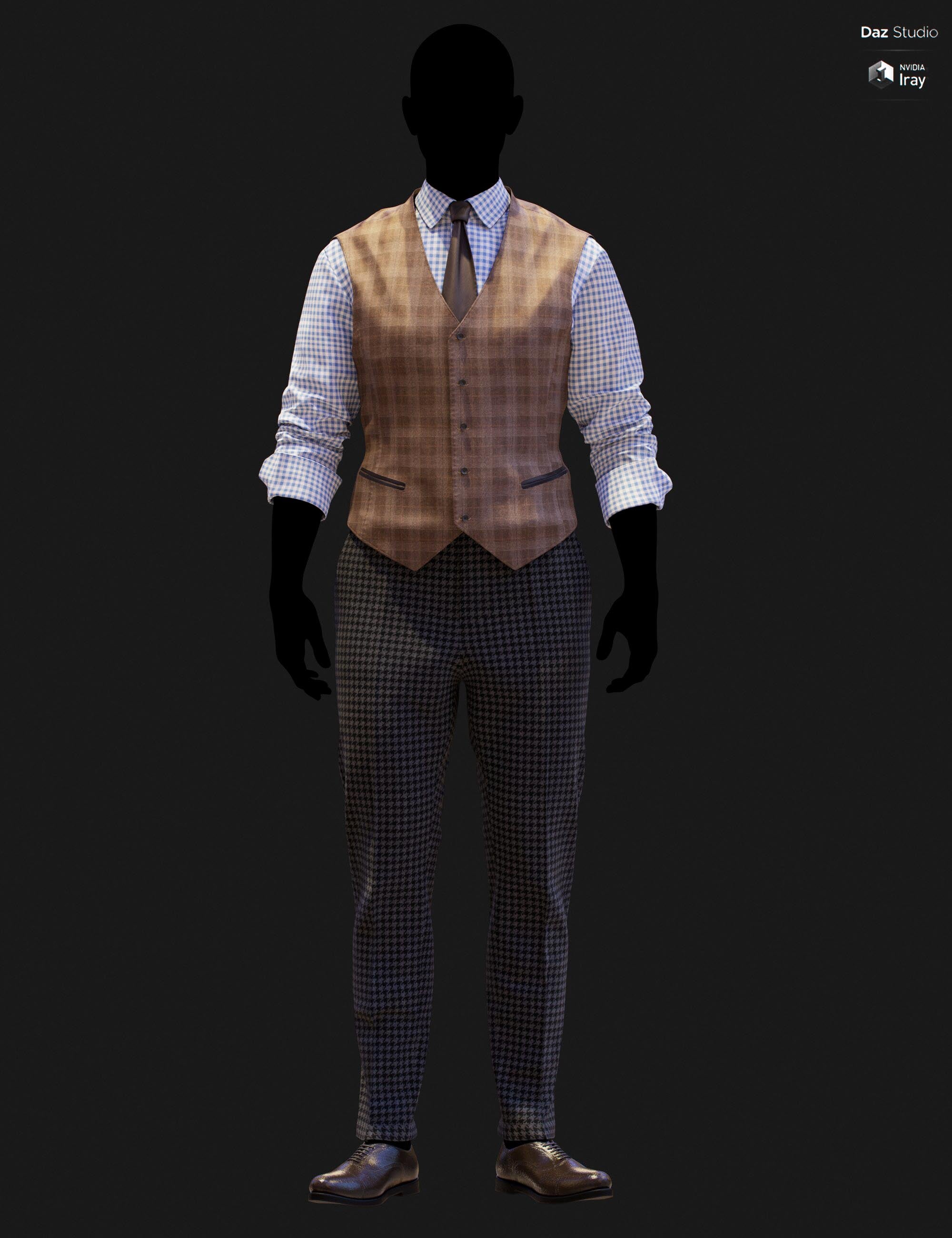 Full-body DAZ Studio Iray render of a warm tan distressed suede windowpane waistcoat with brown tie and blue gingham shirt, paired with navy blue houndstooth trousers and brown brogue oxford shoes on a silhouetted G9 mannequin.
