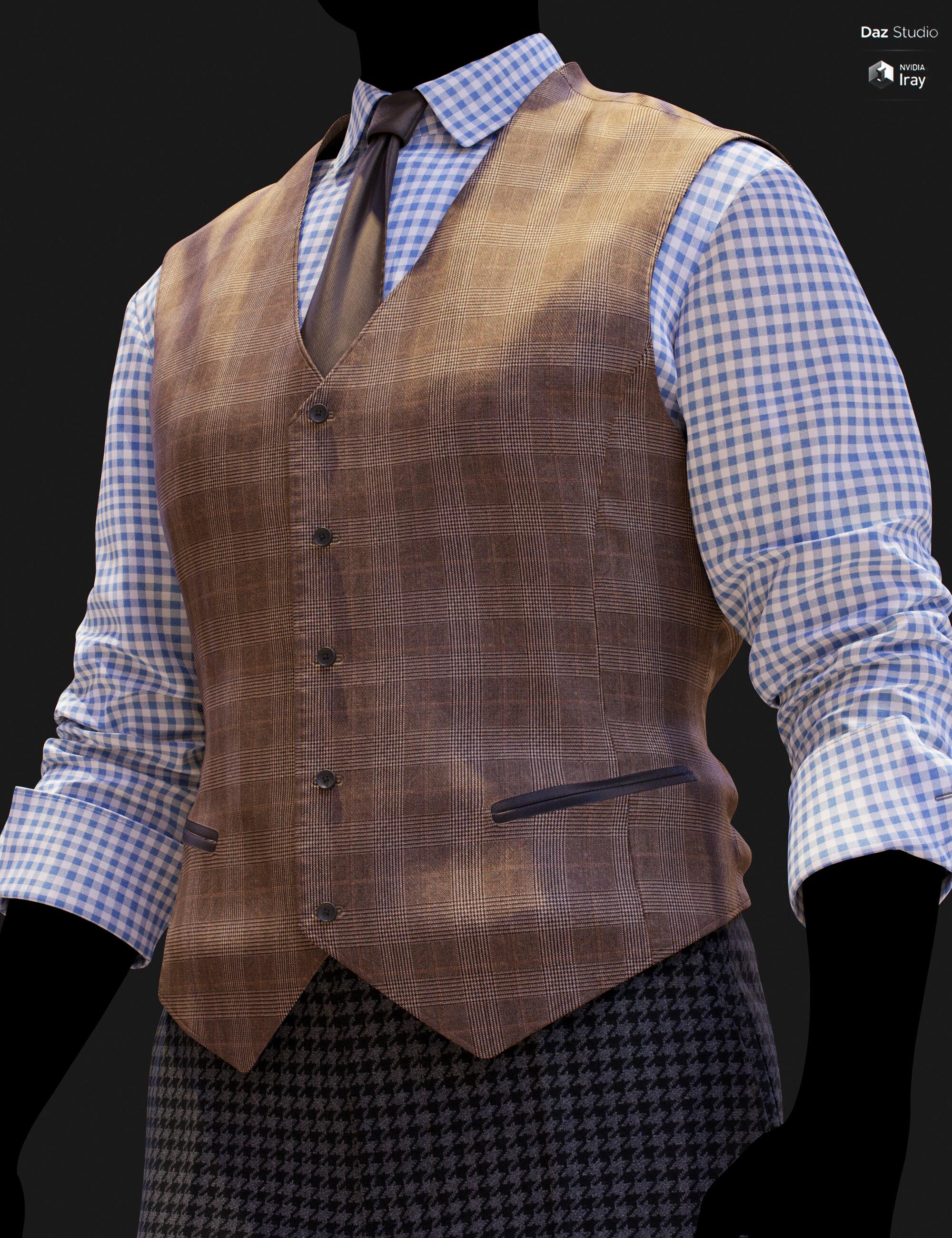 Close-up DAZ Studio Iray render of a tan distressed suede windowpane waistcoat with gradient texture, six-button front, and dark leather welt pocket trim, worn over a blue gingham shirt with a brown tie and houndstooth trousers.