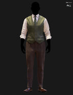 Full-body DAZ Studio Iray render of an olive green herringbone waistcoat with matching green tie and cream windowpane check shirt, paired with warm brown glen plaid trousers and brown brogue oxford shoes on a silhouetted G9 mannequin.