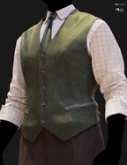 Close-up DAZ Studio Iray render of an olive green herringbone waistcoat with gradient shading, six-button front closure, and silver-tone welt pocket trim, worn over a cream windowpane check shirt with a dark olive tie and brown glen plaid trousers.