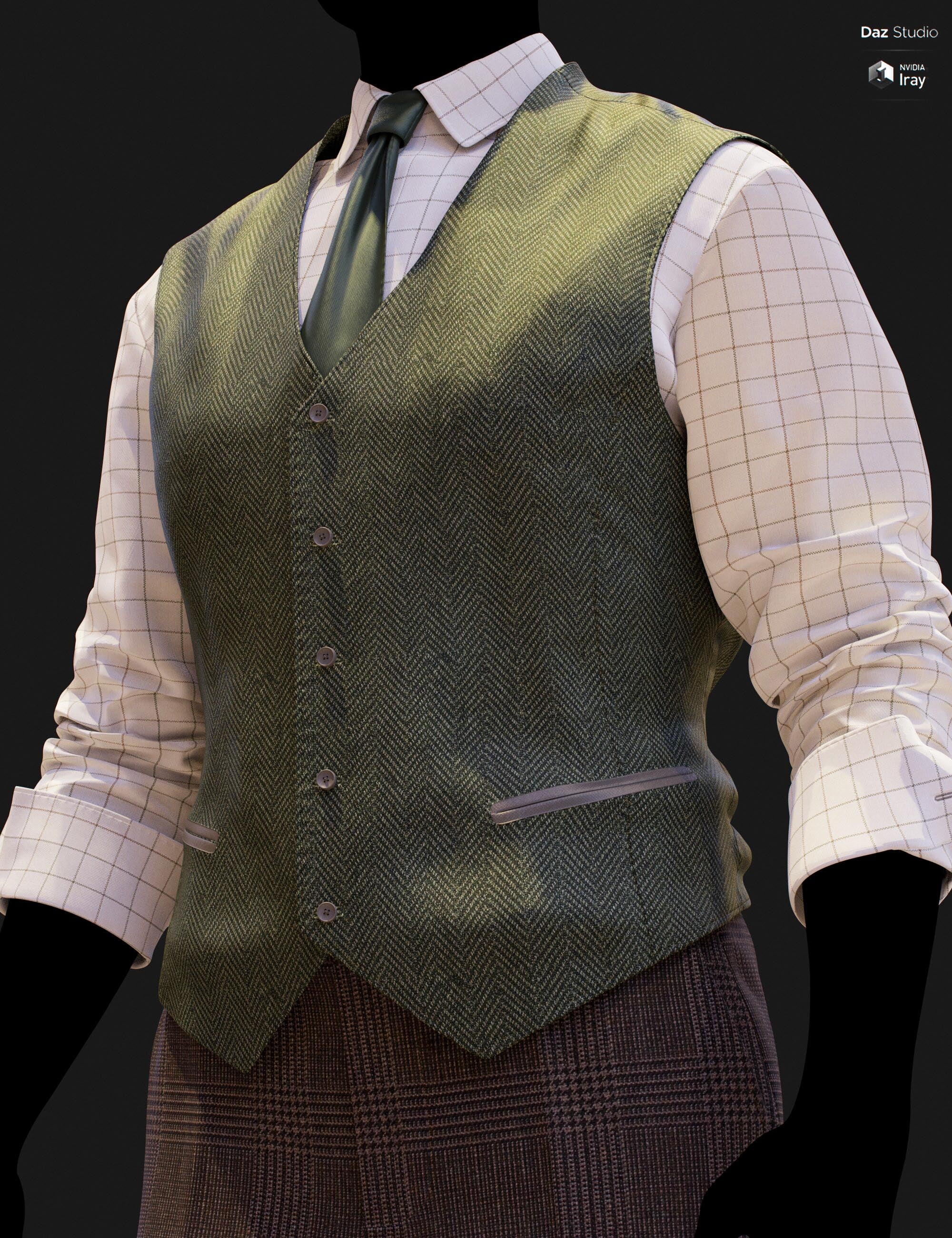 Close-up DAZ Studio Iray render of an olive green herringbone waistcoat with gradient shading, six-button front closure, and silver-tone welt pocket trim, worn over a cream windowpane check shirt with a dark olive tie and brown glen plaid trousers.