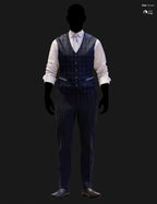 Full-body DAZ Studio Iray render of a dark navy windowpane waistcoat with silver tie and white pinstripe shirt, paired with matching navy pinstripe trousers and black oxford shoes on a silhouetted G9 mannequin.