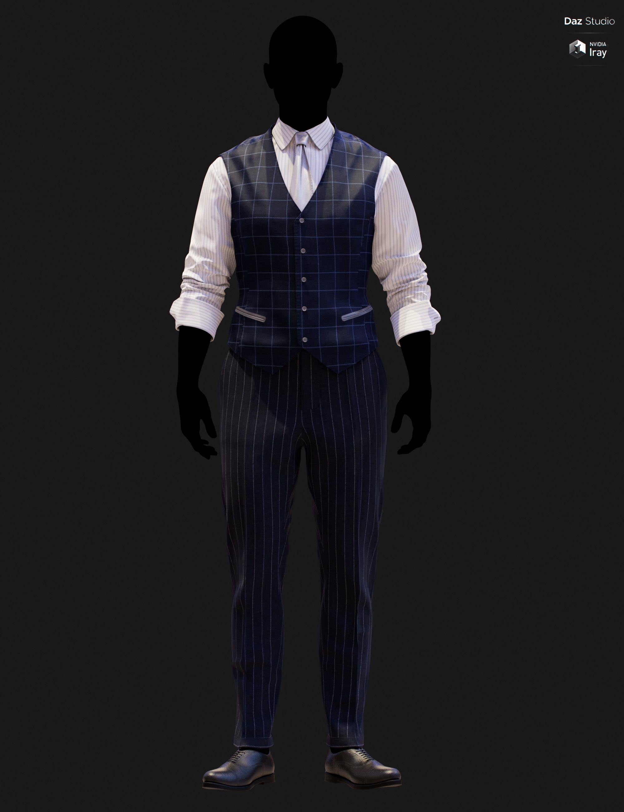Full-body DAZ Studio Iray render of a dark navy windowpane waistcoat with silver tie and white pinstripe shirt, paired with matching navy pinstripe trousers and black oxford shoes on a silhouetted G9 mannequin.
