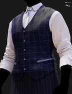 Close-up DAZ Studio Iray render of a deep navy windowpane waistcoat with subtle blue grid pattern, seven-button front closure, and silver-tone welt pocket trim, worn over a white pinstripe shirt with a light silver tie and navy pinstripe trousers.