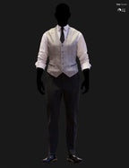 Full-body DAZ Studio Iray render of a light cream glen plaid waistcoat with black tie and white dress shirt, paired with dark navy pinstripe trousers and black oxford shoes on a silhouetted G9 mannequin.
