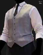 Close-up DAZ Studio Iray render of a crisp cream-white Prince of Wales glen plaid waistcoat with fine houndstooth weave detail, six-button front, and dark leather welt pocket trim, worn over a white pinstripe shirt with a black tie and dark pinstripe trousers.