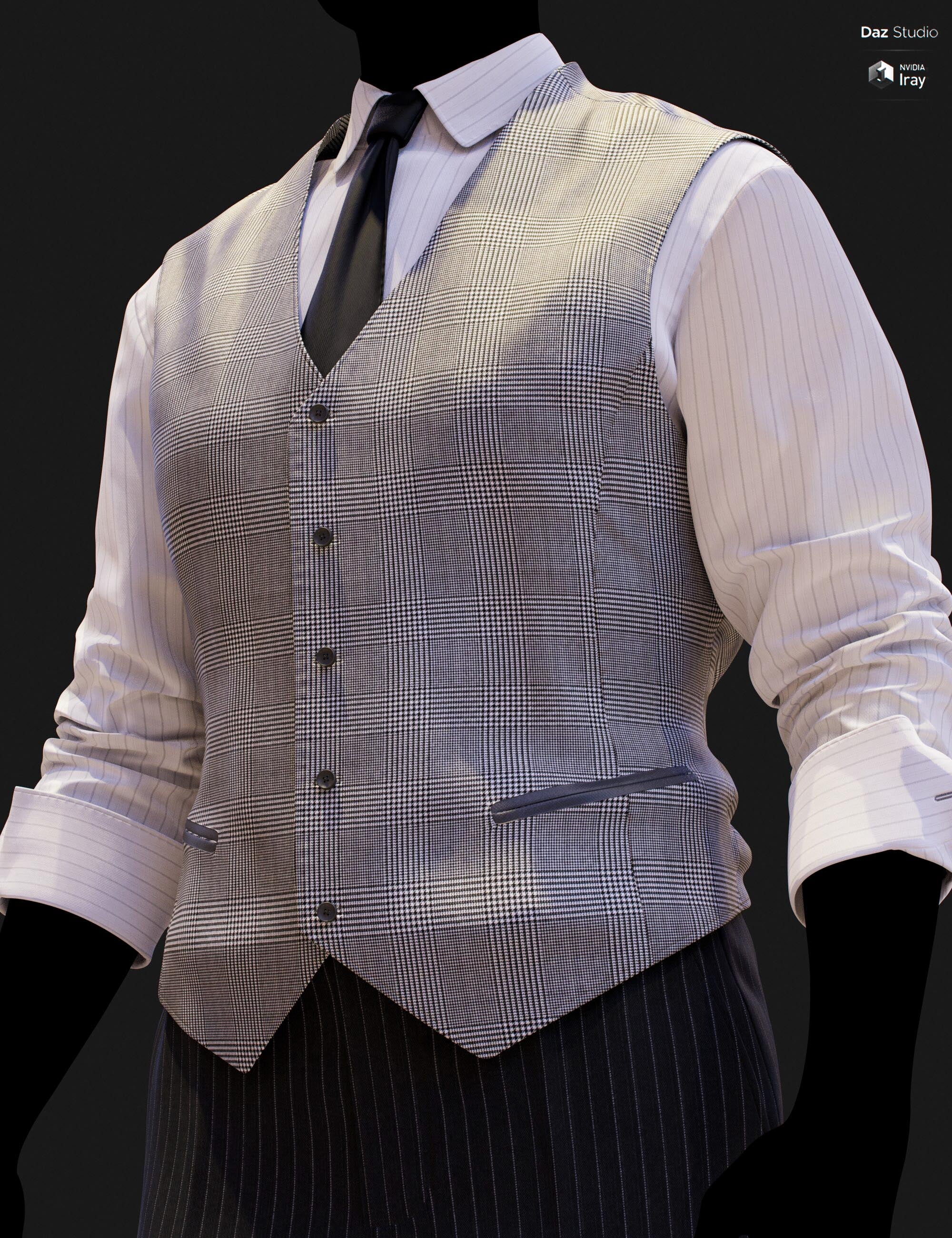 Close-up DAZ Studio Iray render of a crisp cream-white Prince of Wales glen plaid waistcoat with fine houndstooth weave detail, six-button front, and dark leather welt pocket trim, worn over a white pinstripe shirt with a black tie and dark pinstripe trousers.