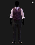 Full-body DAZ Studio Iray render of a deep purple baroque damask waistcoat with purple satin tie and lavender pinstripe shirt, paired with dark charcoal houndstooth trousers and black oxford shoes on a silhouetted G9 mannequin.