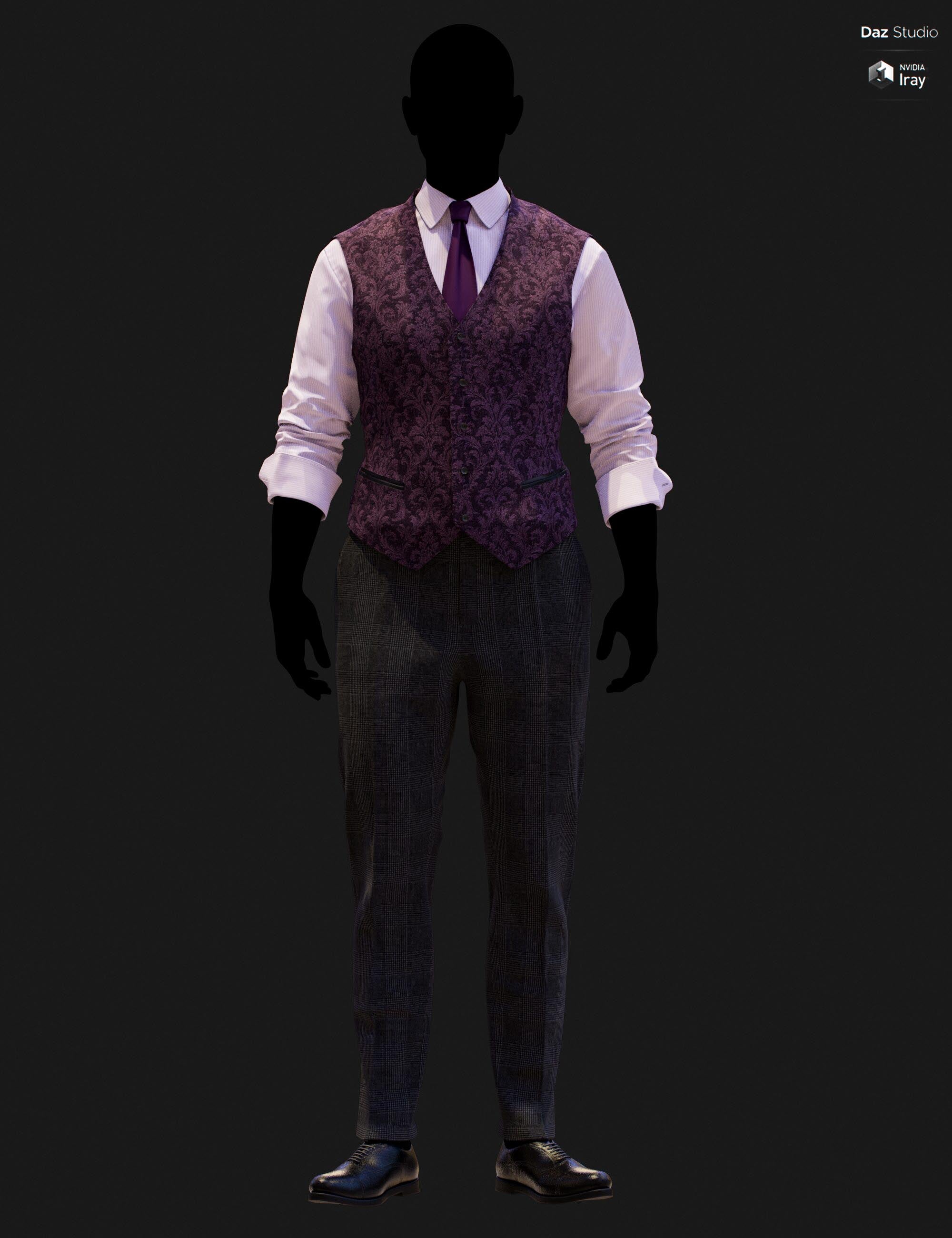 Full-body DAZ Studio Iray render of a deep purple baroque damask waistcoat with purple satin tie and lavender pinstripe shirt, paired with dark charcoal houndstooth trousers and black oxford shoes on a silhouetted G9 mannequin.