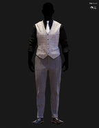Full-body DAZ Studio Iray render of an ivory micro-houndstooth waistcoat paired with a black dress shirt, white tie, and matching ivory houndstooth trousers with black oxford shoes on a silhouetted G9 mannequin.