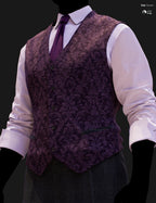 Full-body DAZ Studio Iray render of a brown herringbone waistcoat with charcoal tie and white windowpane check shirt, paired with olive green windowpane tweed trousers and brown oxford shoes on a silhouetted G9 mannequin.
