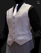 Close-up DAZ Studio Iray render highlighting the fine ivory houndstooth texture of the waistcoat with seven front buttons and leather-trim welt pocket detail, worn over a black shirt with a white tie and dark houndstooth trousers.