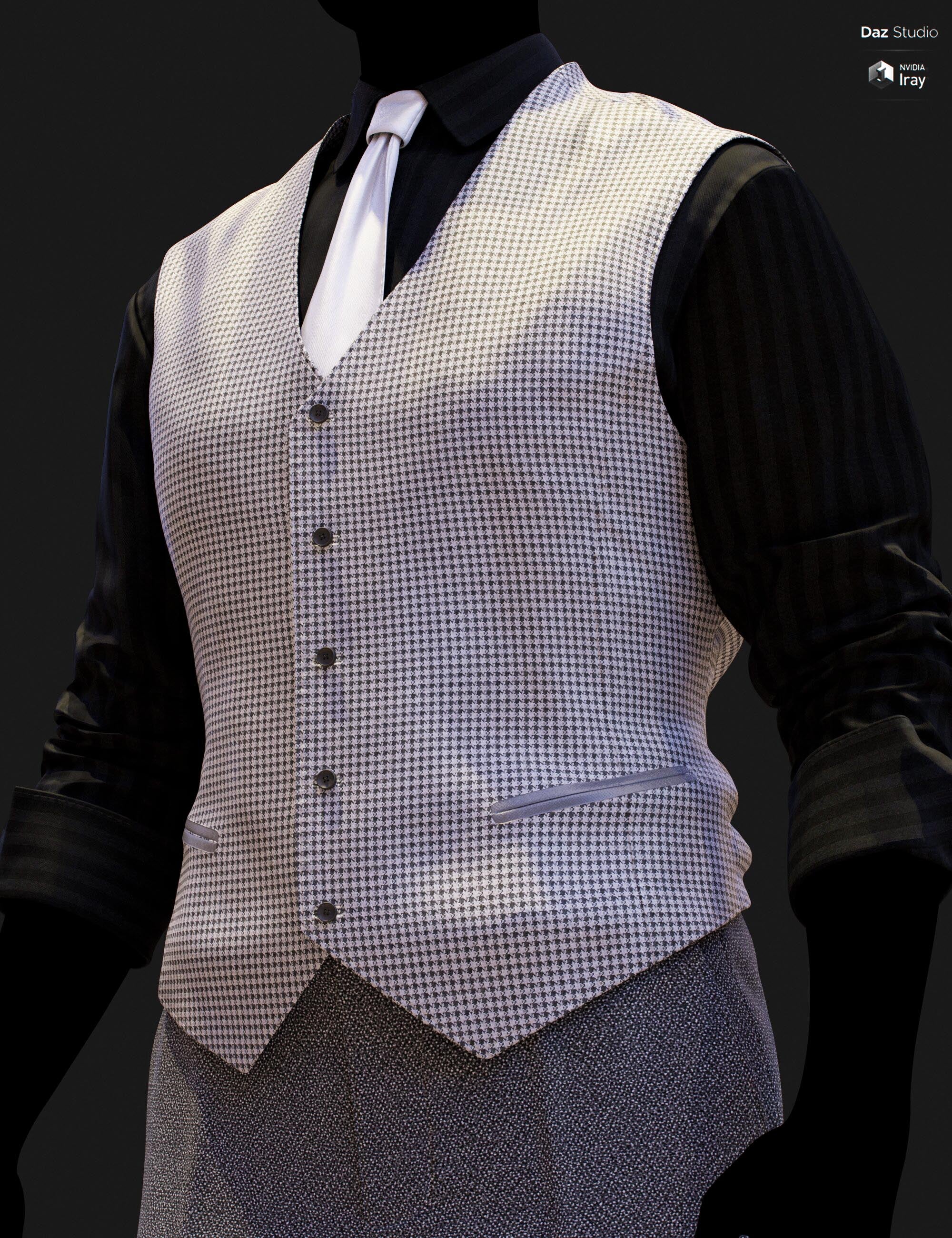 Close-up DAZ Studio Iray render highlighting the fine ivory houndstooth texture of the waistcoat with seven front buttons and leather-trim welt pocket detail, worn over a black shirt with a white tie and dark houndstooth trousers.