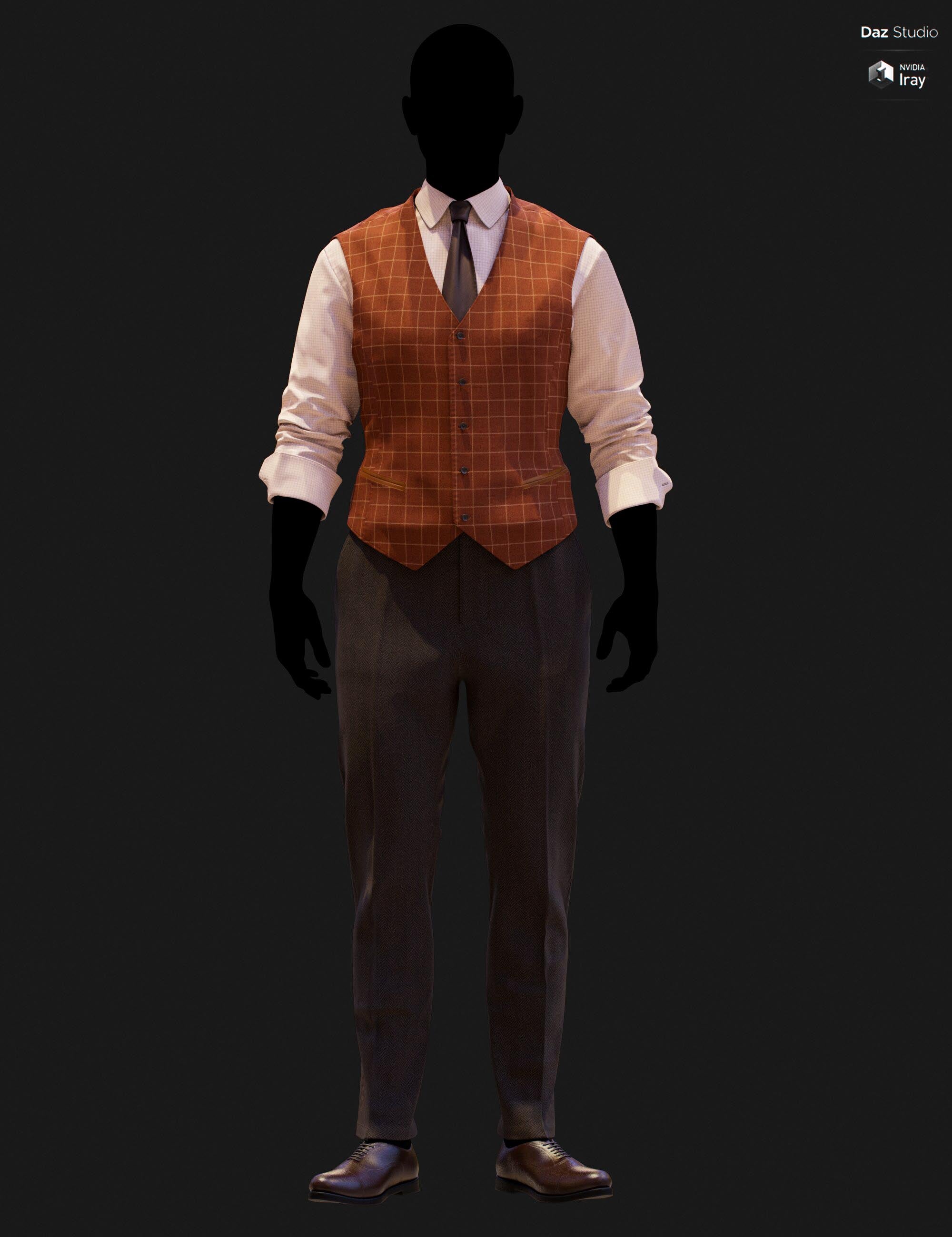 Full-body DAZ Studio Iray render of a rust-orange windowpane waistcoat with charcoal tie and pink micro-check shirt, paired with dark brown herringbone trousers and brown oxford shoes on a silhouetted G9 mannequin.