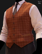 Close-up DAZ Studio Iray render of a rust-orange windowpane waistcoat showing detailed fabric texture, seven-button front closure, and gold-toned welt pocket trim, worn over a pink check shirt with a dark brown tie.