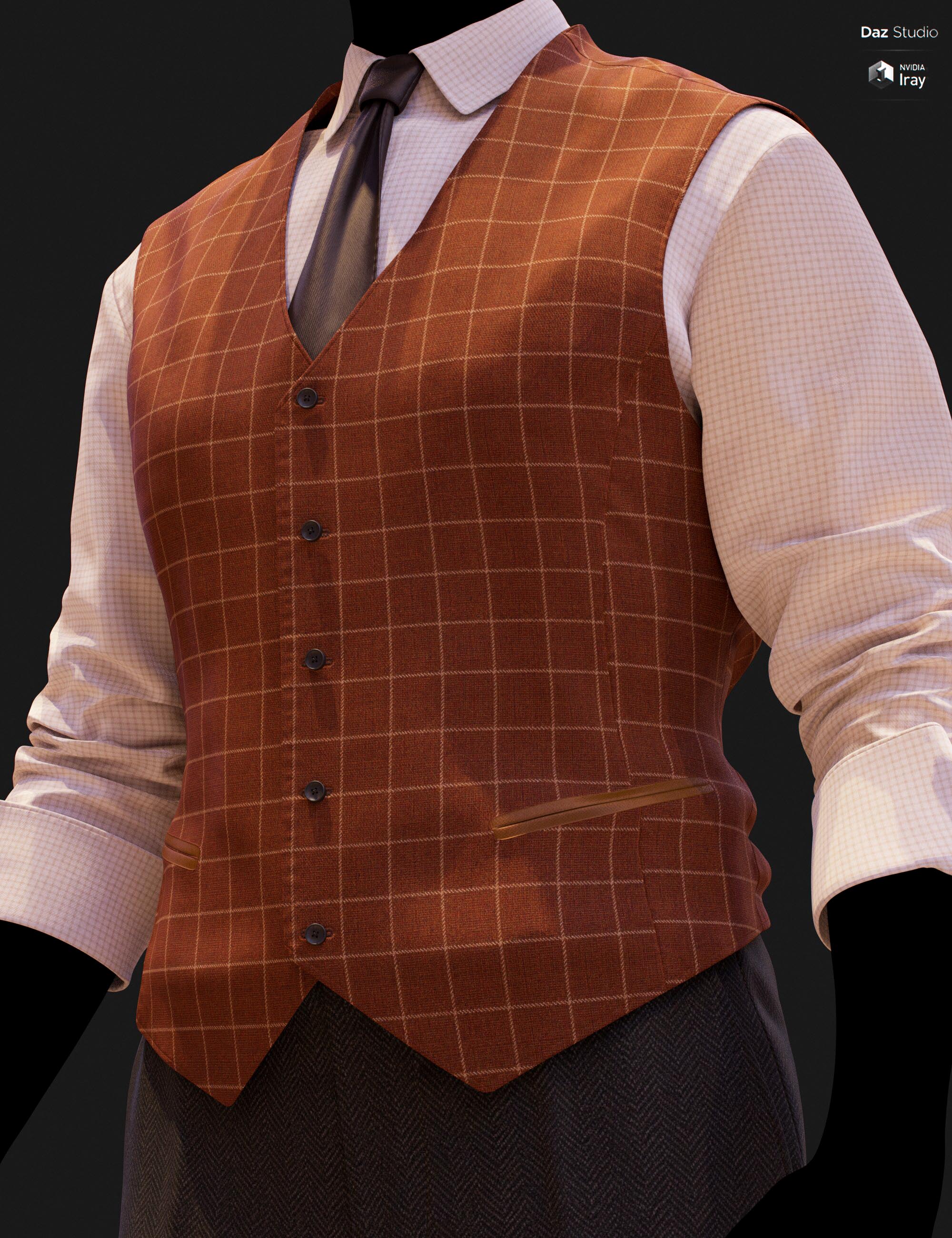 Close-up DAZ Studio Iray render of a rust-orange windowpane waistcoat showing detailed fabric texture, seven-button front closure, and gold-toned welt pocket trim, worn over a pink check shirt with a dark brown tie.