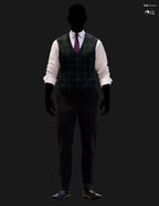 Full-body DAZ Studio Iray render of a Black Watch tartan waistcoat in deep navy and forest green, paired with a white dress shirt, plum tie, and dark navy pinstripe trousers with black oxford shoes on a silhouetted G9 mannequin.