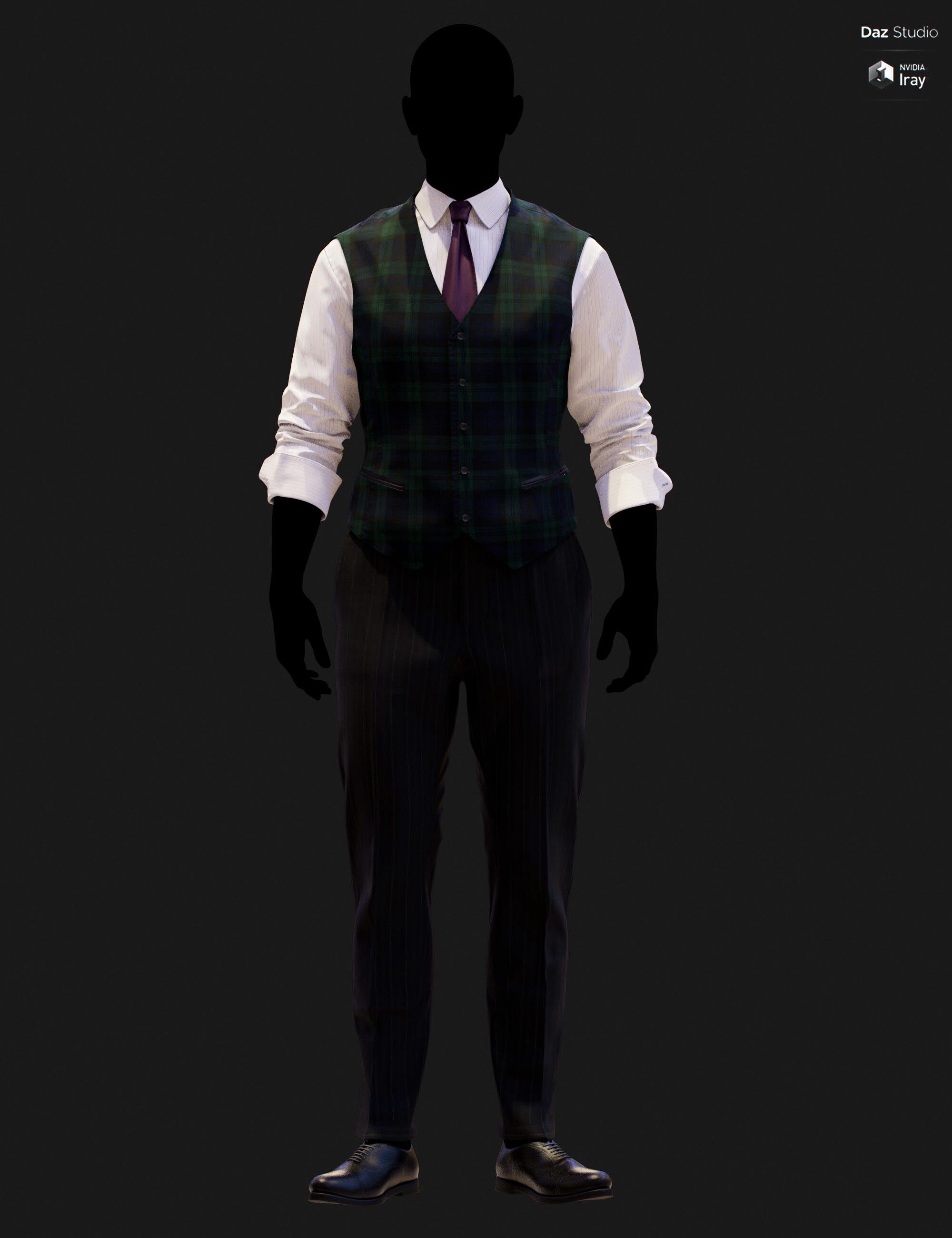 Full-body DAZ Studio Iray render of a Black Watch tartan waistcoat in deep navy and forest green, paired with a white dress shirt, plum tie, and dark navy pinstripe trousers with black oxford shoes on a silhouetted G9 mannequin.
