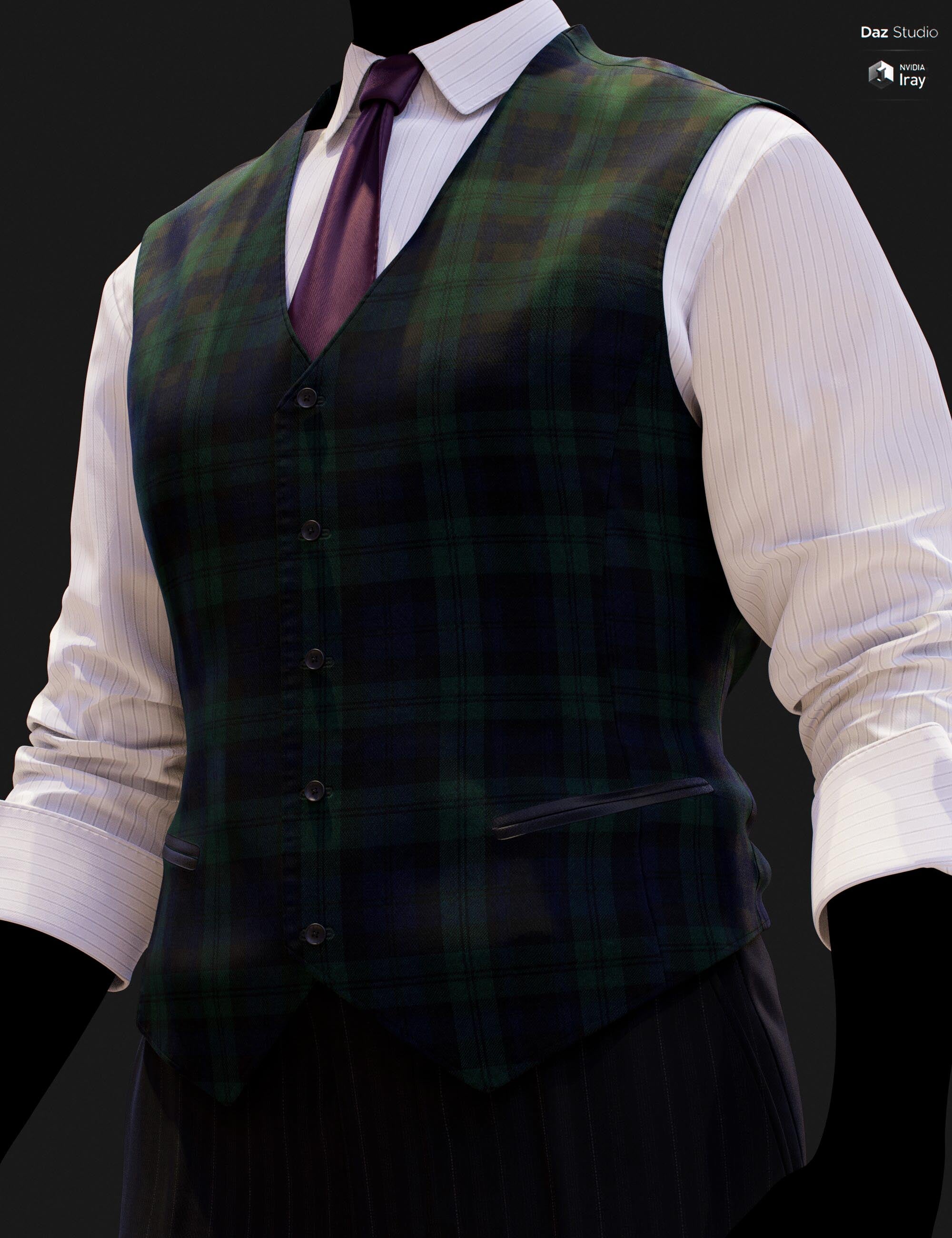 Close-up DAZ Studio Iray render showcasing the rich Black Watch tartan waistcoat fabric with navy and green plaid pattern, seven-button closure, and leather-trim welt pocket, worn over a white pinstripe shirt with a plum satin tie.