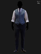 Full-body DAZ Studio Iray render of a medium blue windowpane waistcoat with navy tie and blue-and-white striped shirt, paired with dark navy pinstripe trousers and black oxford shoes on a silhouetted G9 mannequin.