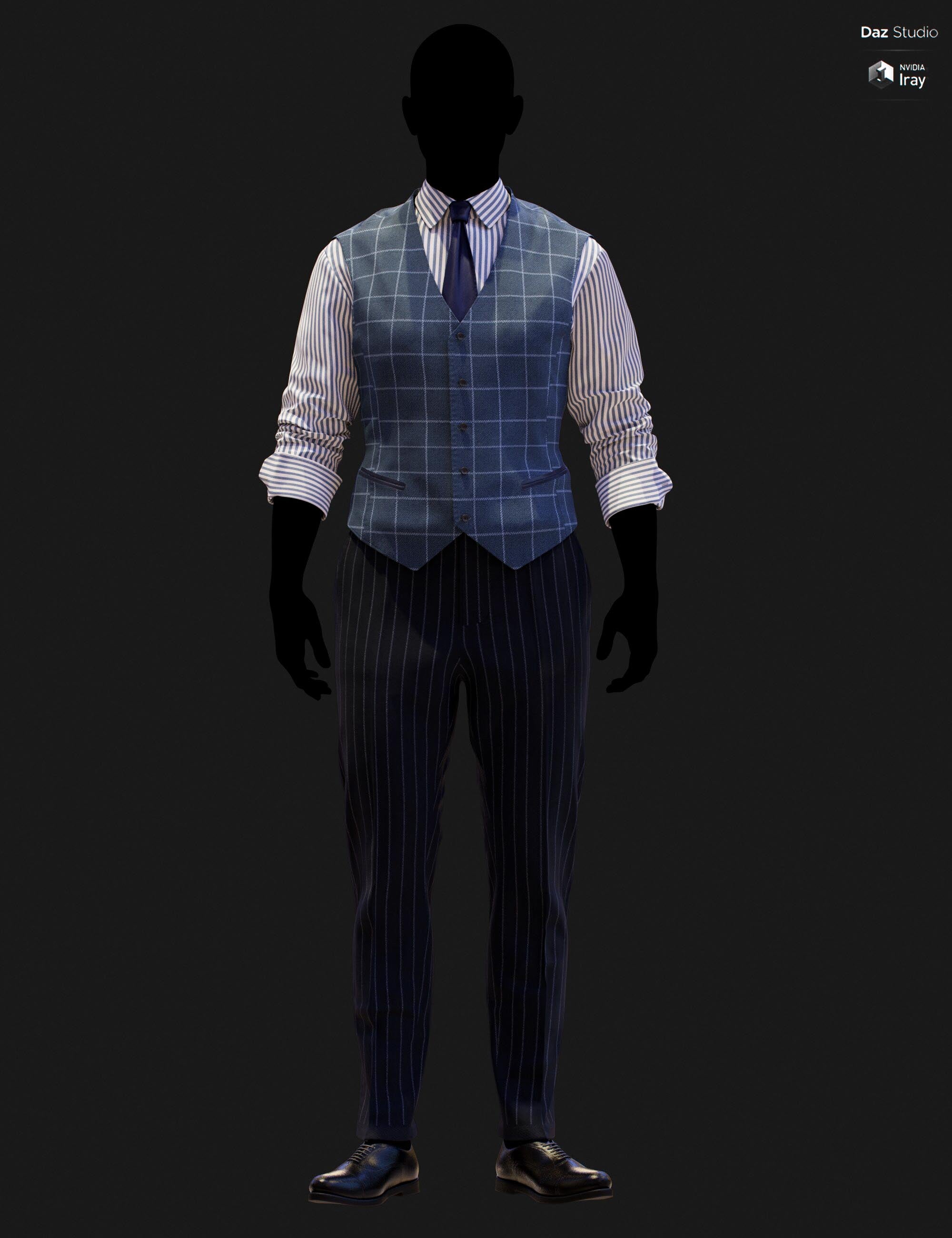 Full-body DAZ Studio Iray render of a medium blue windowpane waistcoat with navy tie and blue-and-white striped shirt, paired with dark navy pinstripe trousers and black oxford shoes on a silhouetted G9 mannequin.