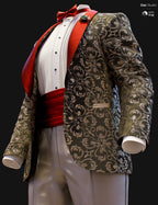 Full body Genesis 9 male tuxedo texture add-on preview with bronze floral jacket, red lapels, and light formal pants